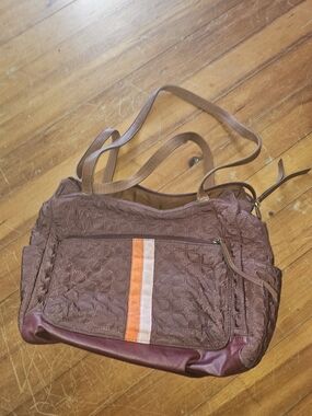 Fossil Quilted Brown Shoulder Bag with Orange and Cream Stripe